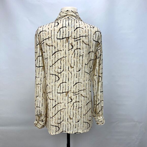Tess Womans Silk Blouse Medium Button Front Long Sleeves Soft Art Print Career - Picture 8 of 12